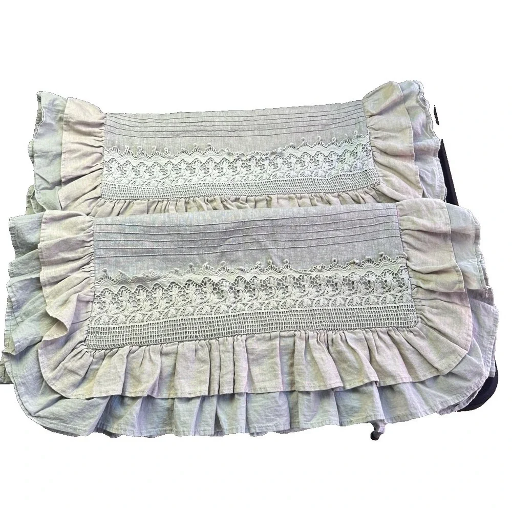 Linen Ruffle Crochet Pillow Shams King Set of‎ 2 Belgium Dove Gray Tie Back Lace